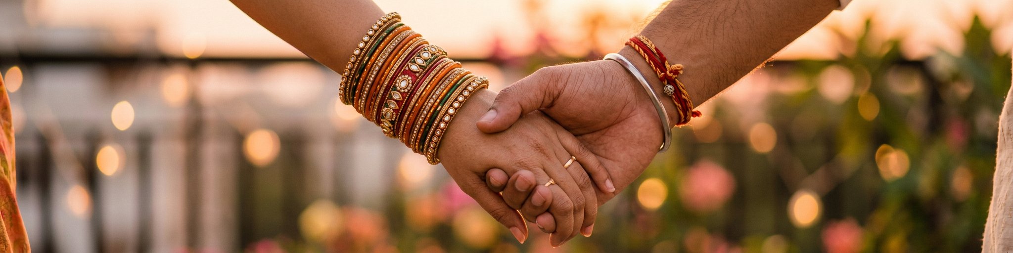 Close-up of couple holding hands with Indian bangles warm sunset tones bokeh lights romantic aesthetic