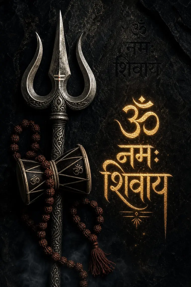 Sacred Silver Trishul Trident Damru Drum Om Namah Shivaya Calligraphy Flatlay