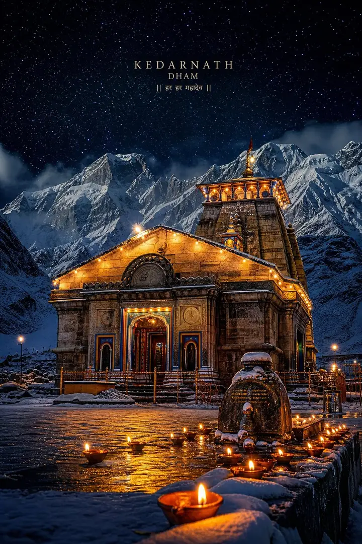 Majestic Night View Illuminated Kedarnath Dham Temple Winter Snow Starry Sky
