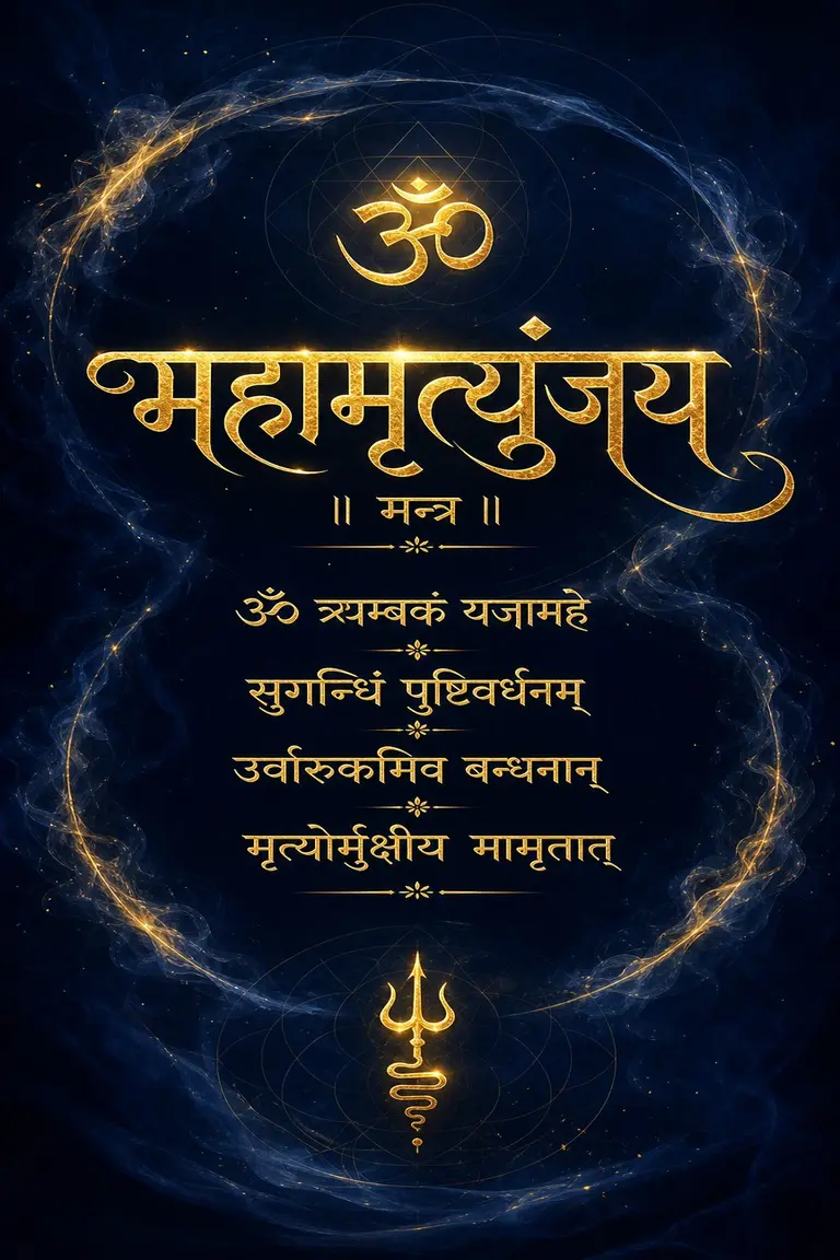 Glowing Golden Sanskrit Calligraphy Maha Mrityunjaya Mantra Indigo Graphic