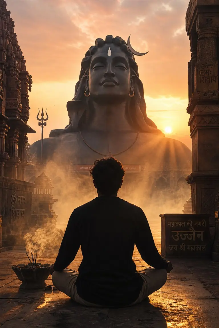 Indian Creator Meditating Adiyogi Shiva Statue Ujjain Corridor Misty Sunrise