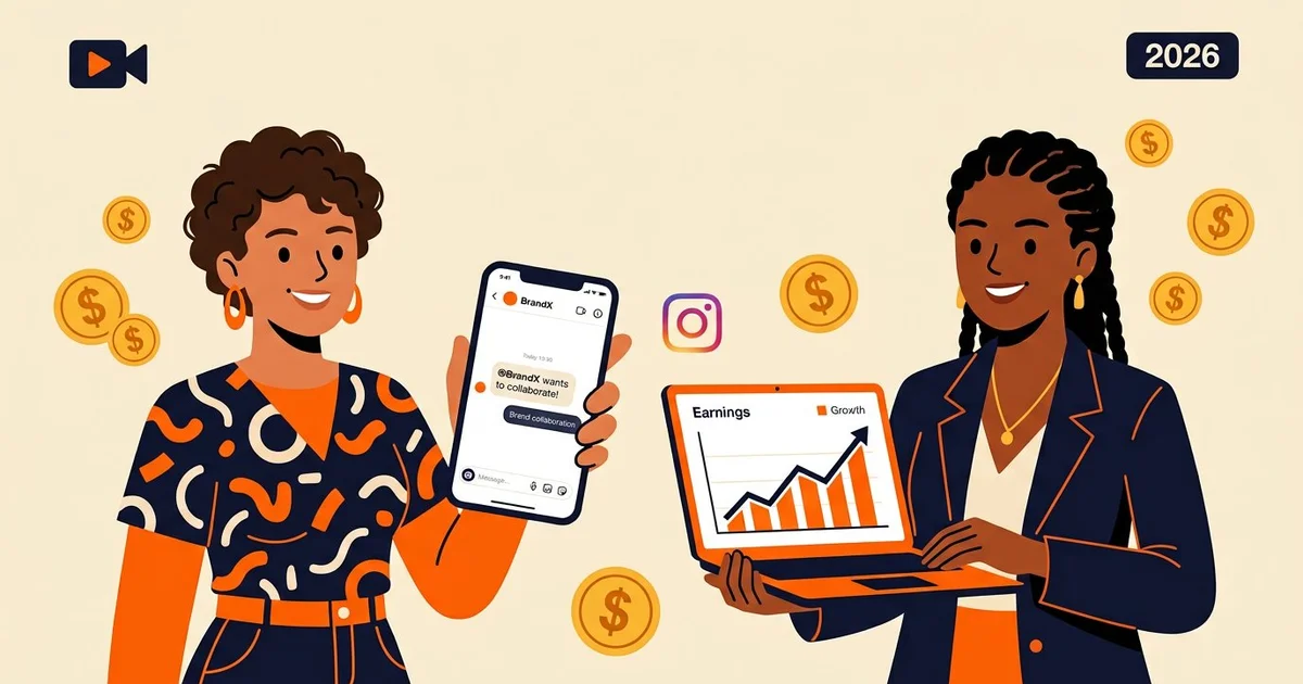 Two young content creators celebrating an Instagram brand collaboration offer and a rising earnings chart on a laptop, global creator monetization 2026