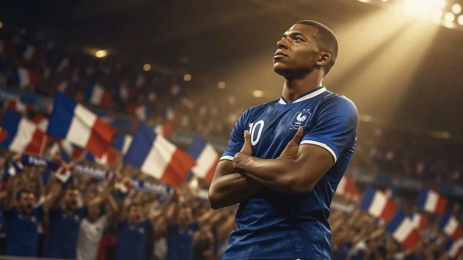 Mbappé in his signature arms-crossed celebration pose with French stadium crowd behind