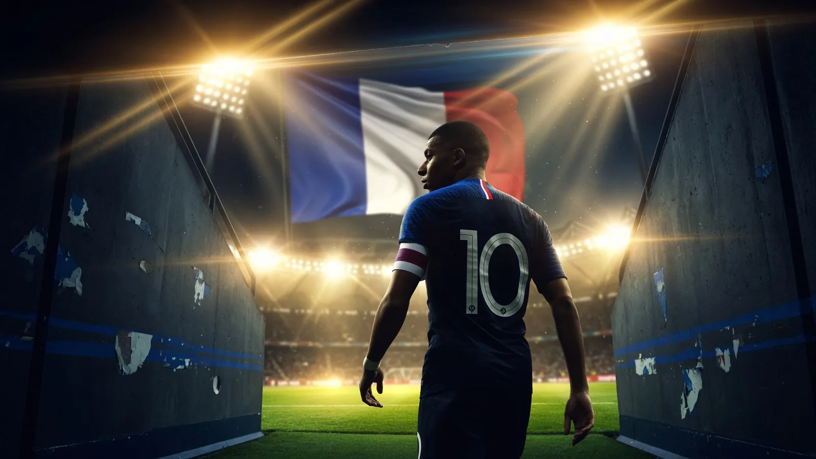 Mbappé walking out of stadium tunnel as France captain in blue jersey with captain armband
