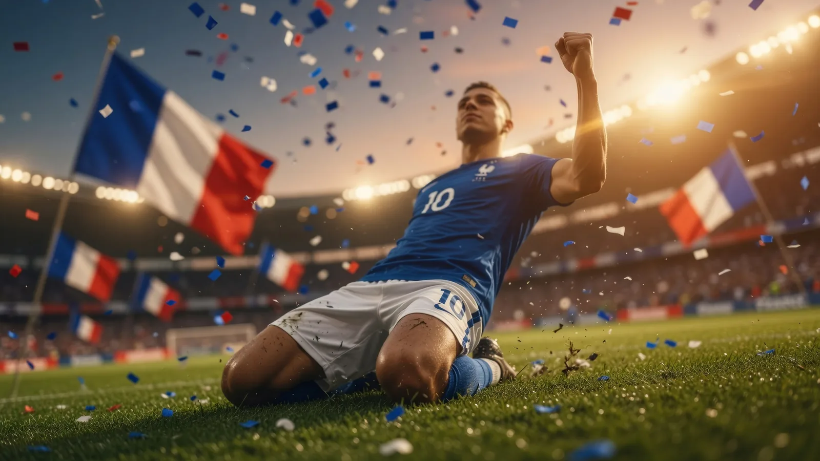 Mbappé knee-slide celebration in France blue jersey with tricolor flag crowd