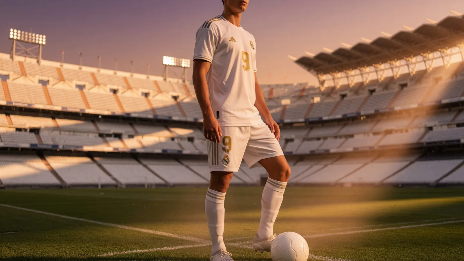Kylian Mbappé in white Real Madrid jersey at Santiago Bernabéu at golden hour