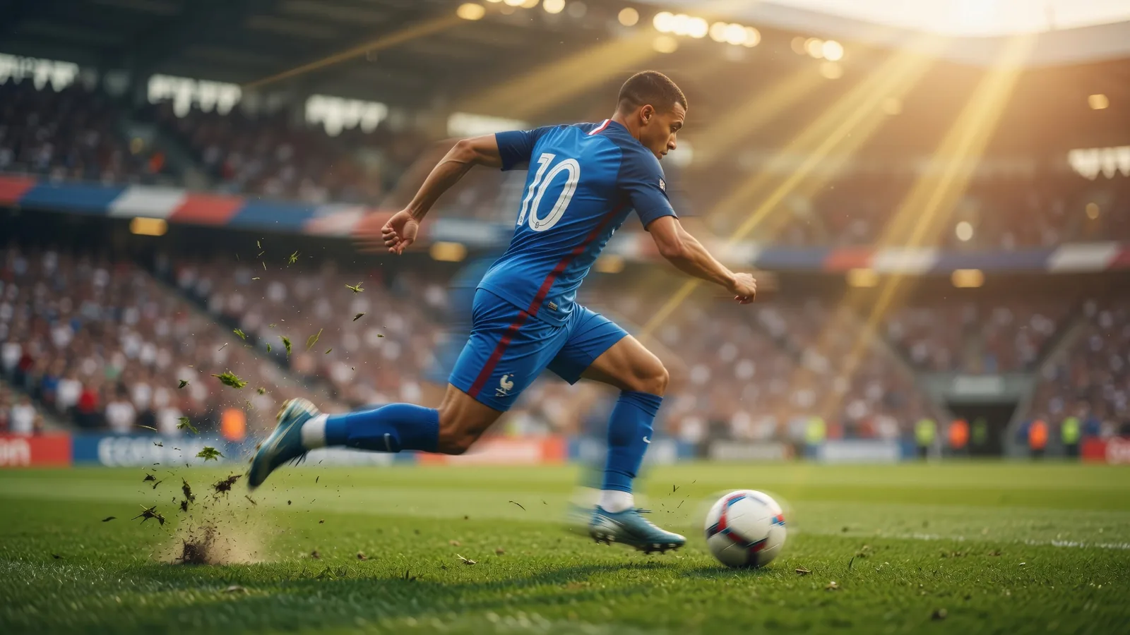 Mbappé sprinting at full speed on football pitch in France blue jersey, motion blur on legs