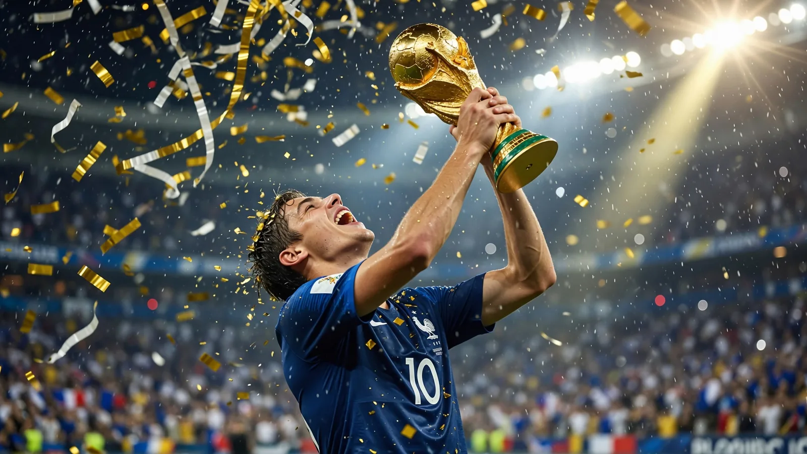 Footballer lifting a gold World Cup trophy with golden confetti raining in stadium