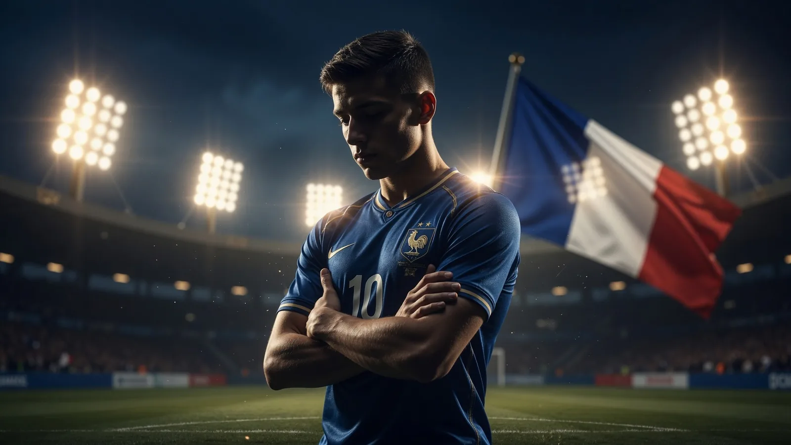 Mbappé portrait in France blue jersey with confident captain pose and dramatic stadium rim lighting
