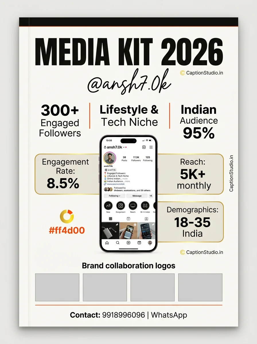 Instagram creator media kit template India 2026 example PDF design with stats demographics and contact