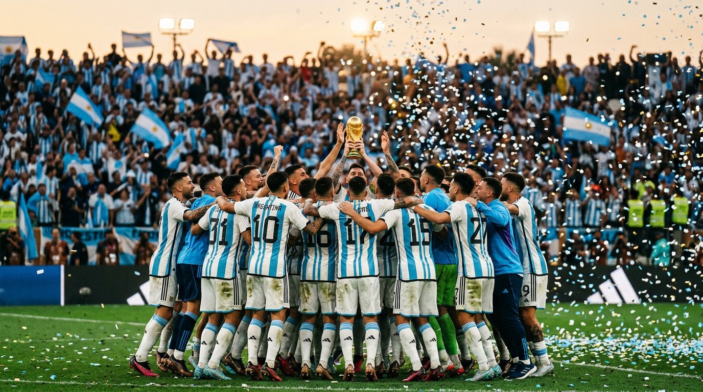 Argentina national football team celebrating with World Cup trophy 2026 Albiceleste jerseys