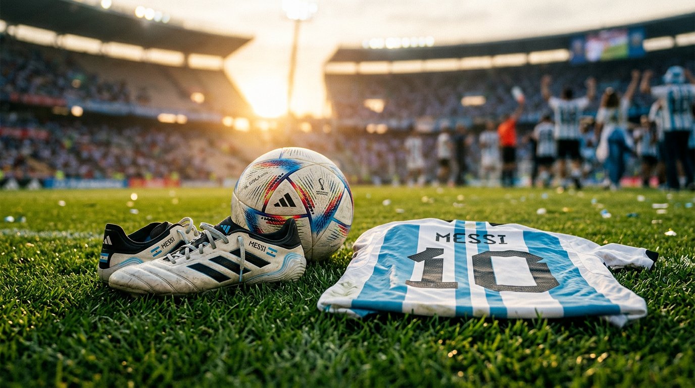 Football boots and soccer ball with number 10 jersey Argentina blue white sunset stadium tribute