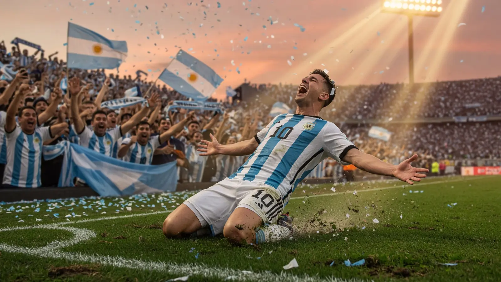 Messi celebration graphic with Argentine sun-burst design and Vamos Argentina theme