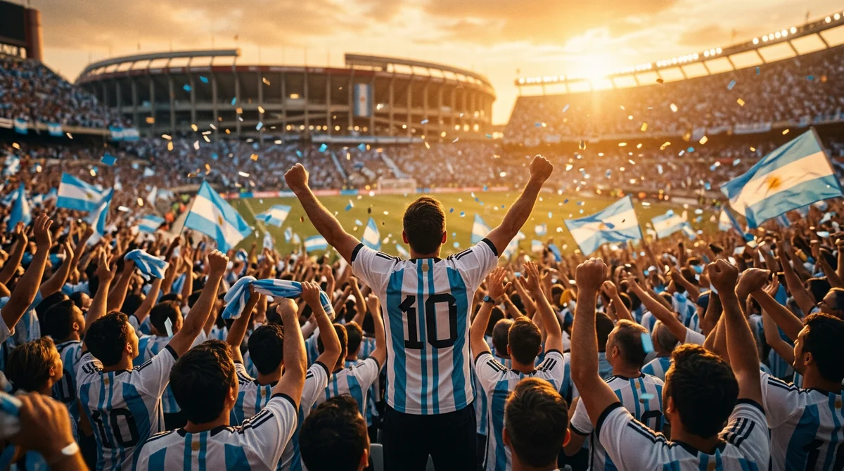 Argentina fans in light blue and white jerseys celebrating with Messi number 10 jerseys at sunset stadium