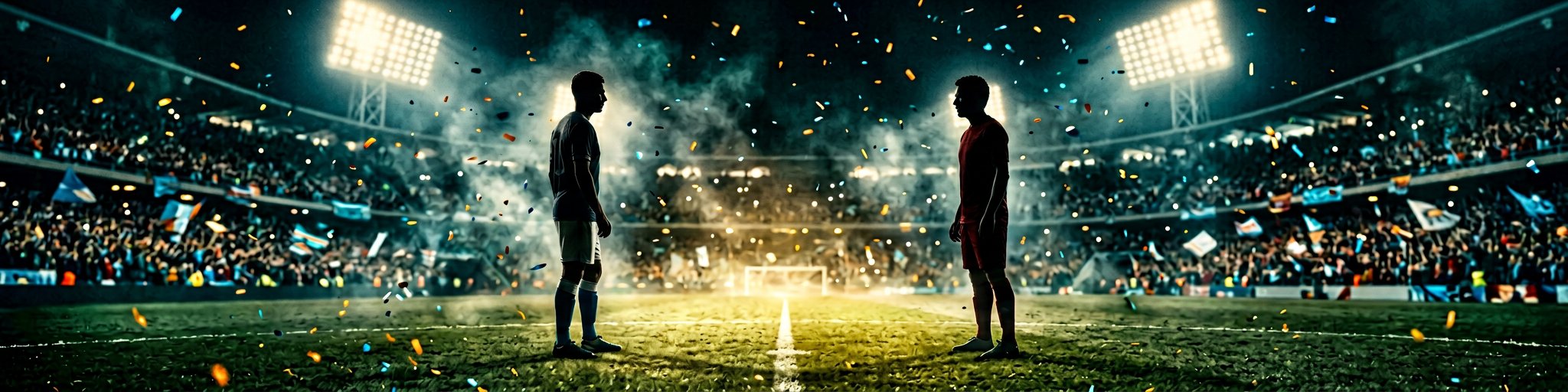 Messi vs Ronaldo standoff two players blue and red floodlit stadium rivalry 2026