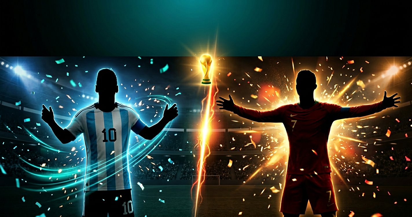 Messi vs Ronaldo GOAT debate captions hero — blue number 10 and red number 7 split banner World Cup 2026