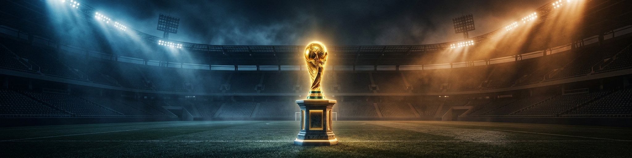 Golden trophy at center of floodlit stadium blue and orange glow two legends legacy 2026