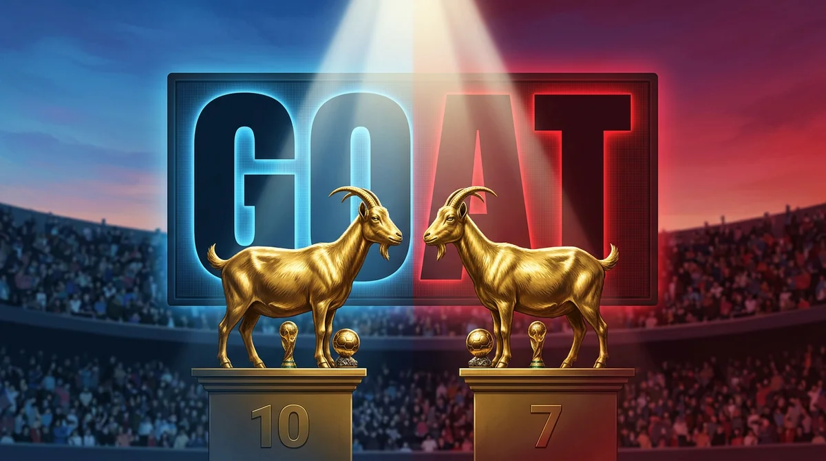Two golden GOAT statues labeled 10 and 7 facing each other under stadium spotlights — Messi vs Ronaldo greatest of all time debate