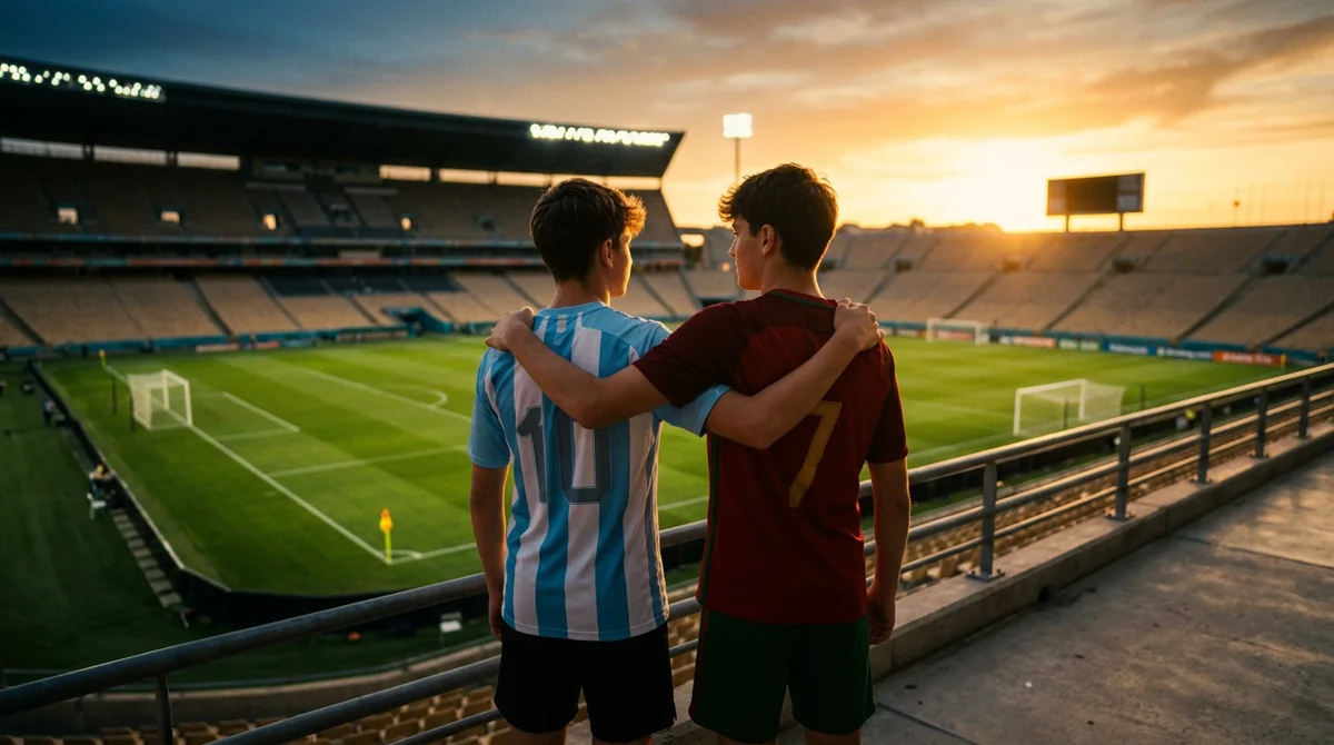 Two football fans one in Argentina jersey and one in Portugal jersey shaking hands smiling — peace in the GOAT debate