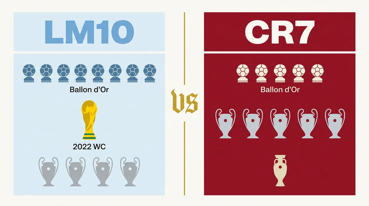 Messi and Ronaldo career statistics side by side comparison infographic — trophies Ballon d'Or Champions League World Cup goals