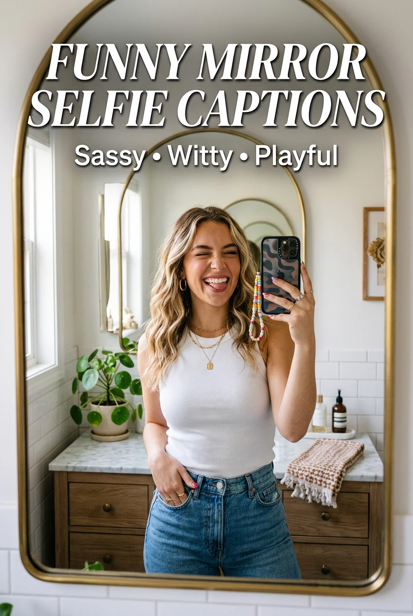 Funny bathroom mirror selfie captions Pinterest image