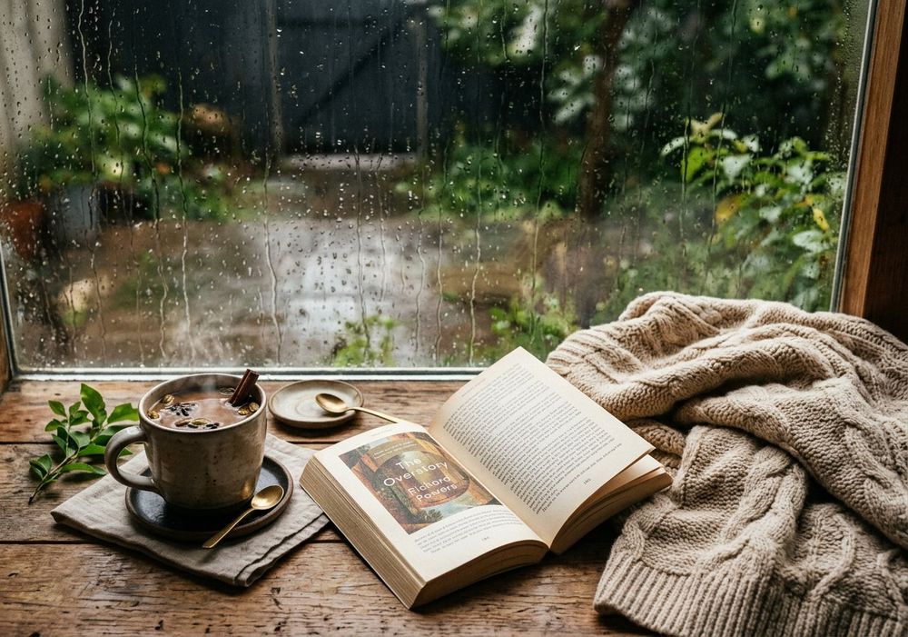Masala chai cup beside a rain-streaked window during monsoon — chai and rain captions