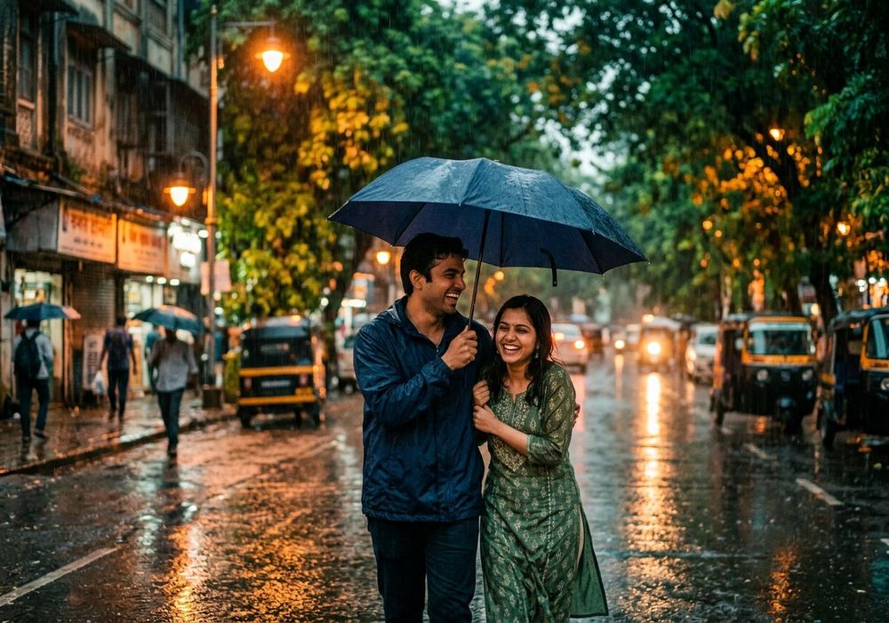 Young Indian couple sharing an umbrella laughing in monsoon rain on a wet street — couple rain captions