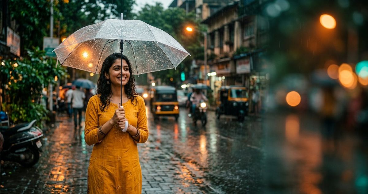 Monsoon captions for Instagram 2026 — young Indian woman with a transparent umbrella standing in the rain on a green wet street