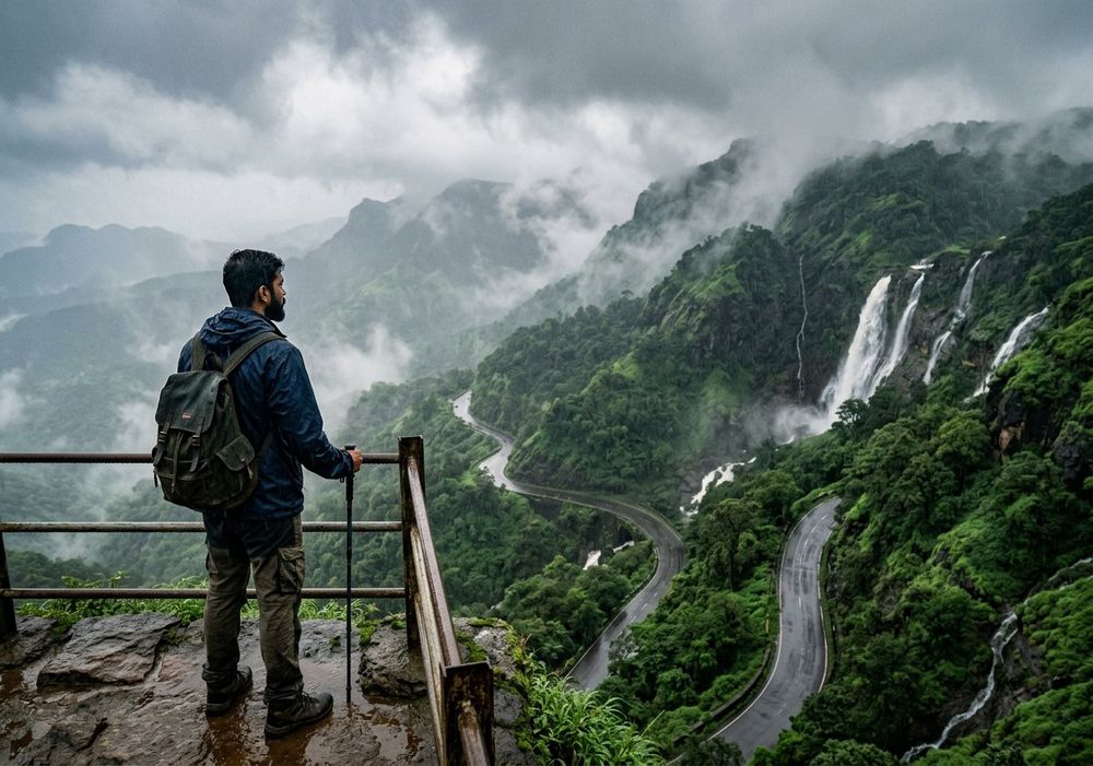 Misty green mountains and winding road during monsoon in the Western Ghats India — monsoon travel captions