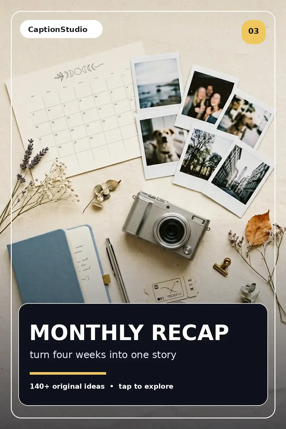 Modern monthly recap flat lay with photo prints, camera and blank calendar