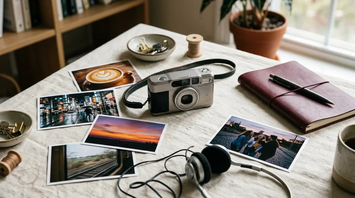 Modern photo dump moodboard with camera, coffee, city and travel prints