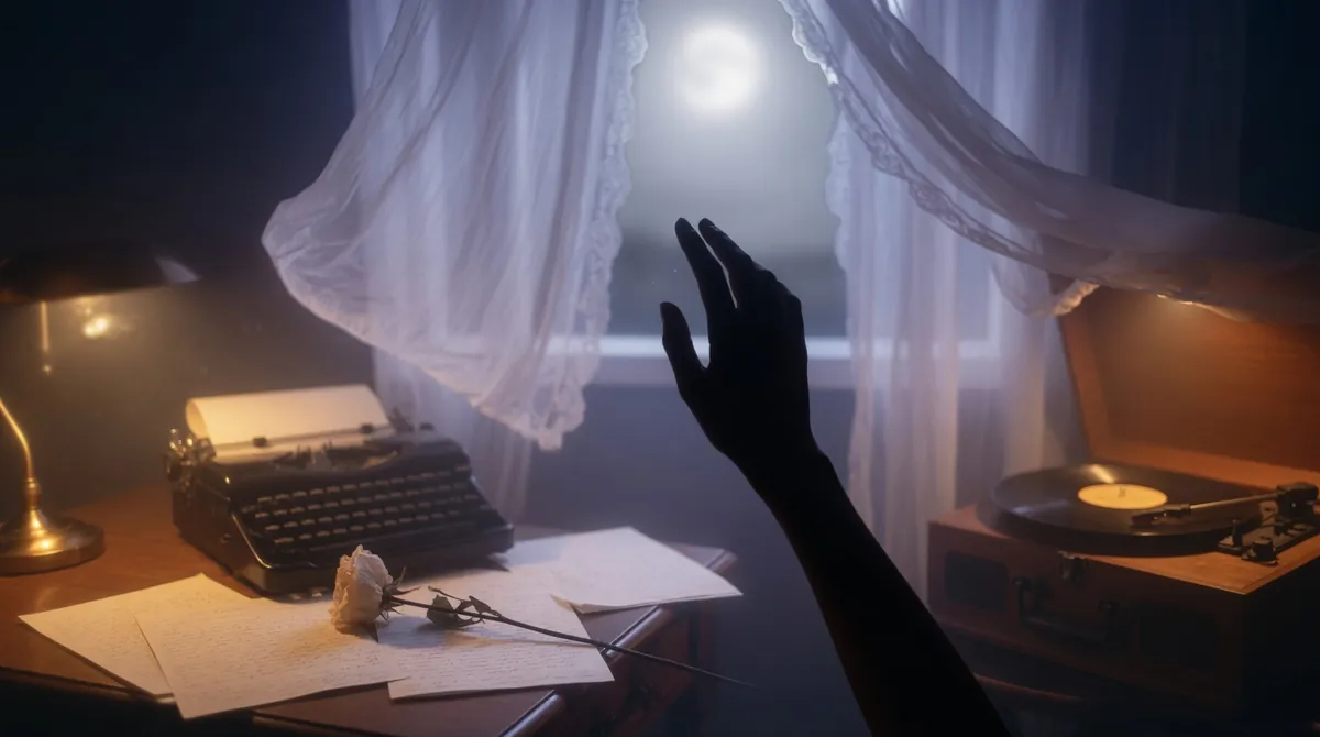 Poetic moody aesthetic dreamlike scene with silhouette of single hand reaching toward soft moonlight through gauzy white sheer curtains with antique typewriter handwritten letters dried white rose and vintage record player in warm lamp light