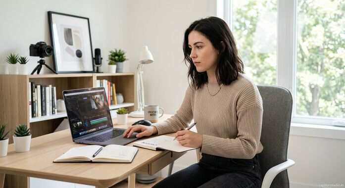 Young Indian content creator networking professionally in home office India 2026 — confident, modern casual, focused growth