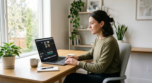 Young Indian female creator learning advanced video editing skills on laptop in cozy Indian apartment 2026