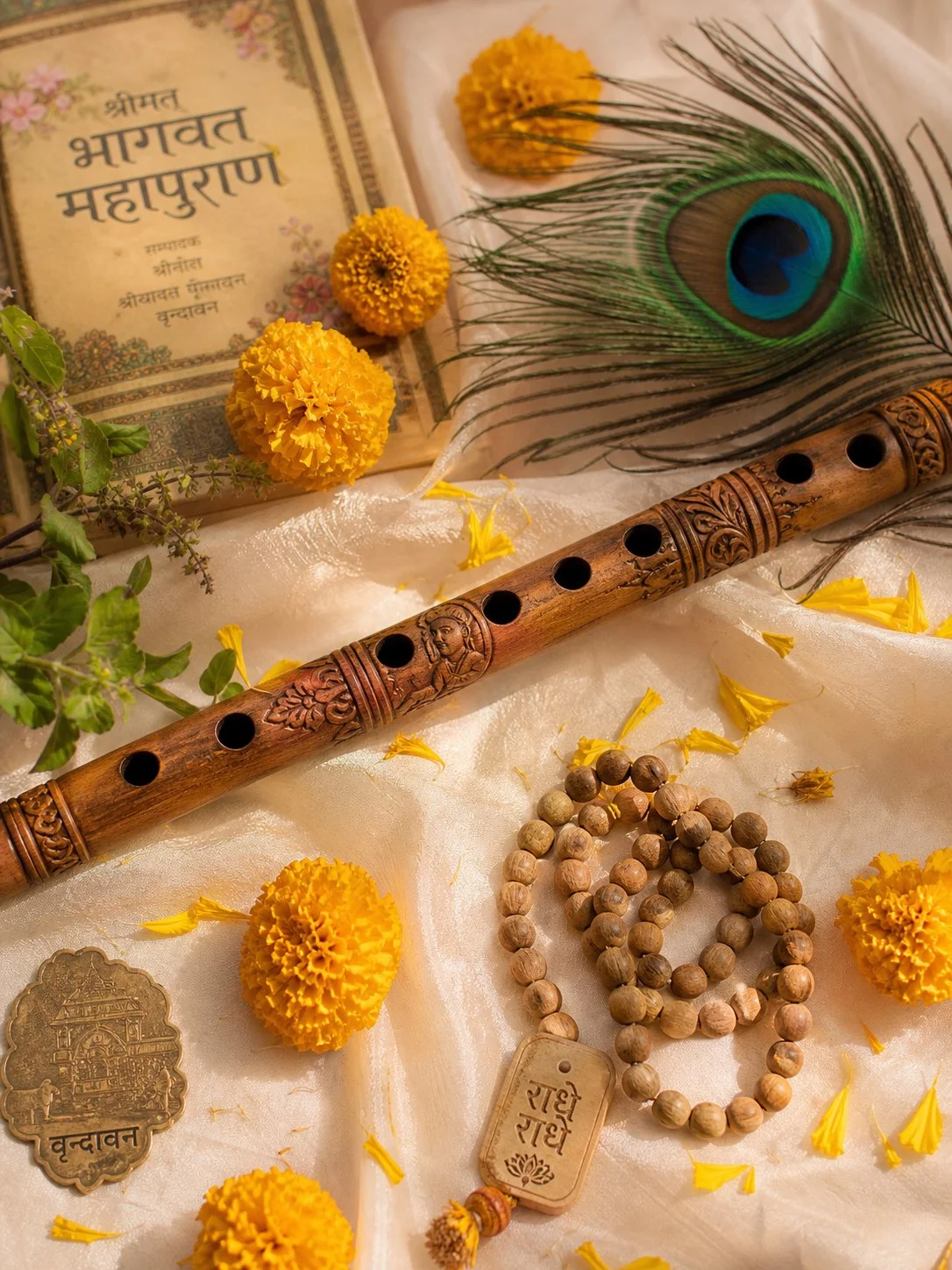 Radhe Krishna Wooden Bansuri Flute Peacock Feather Wallpaper