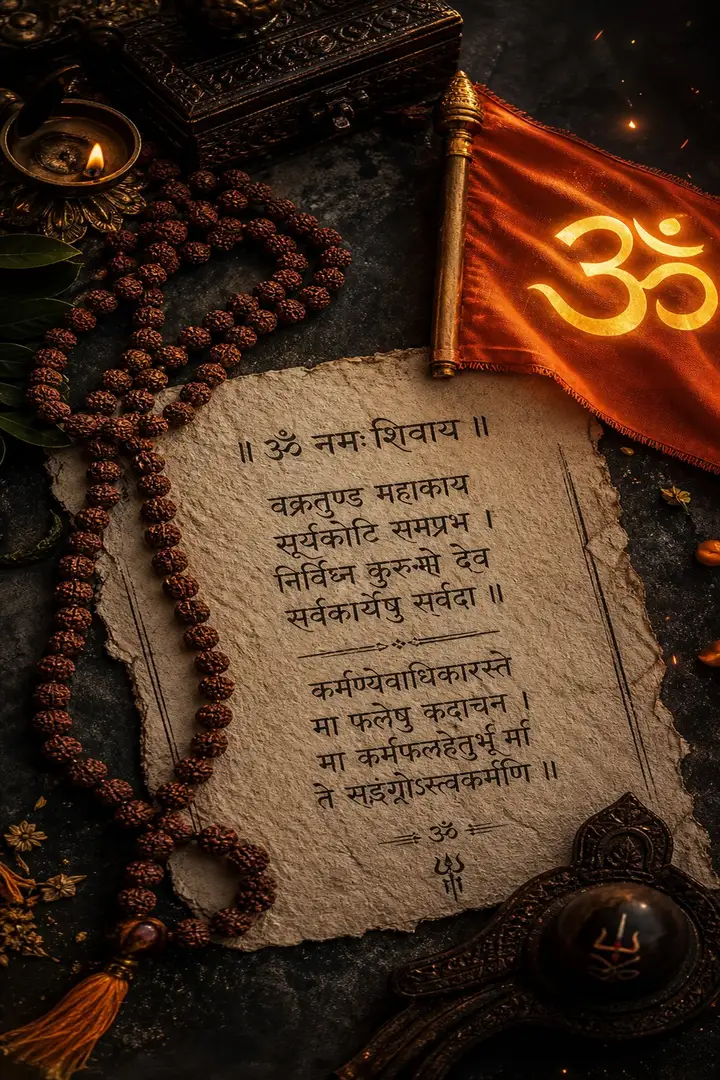 Sacred Rudraksha Mala Beads Saffron Bhagwa Flag Om Calligraphy Flatlay