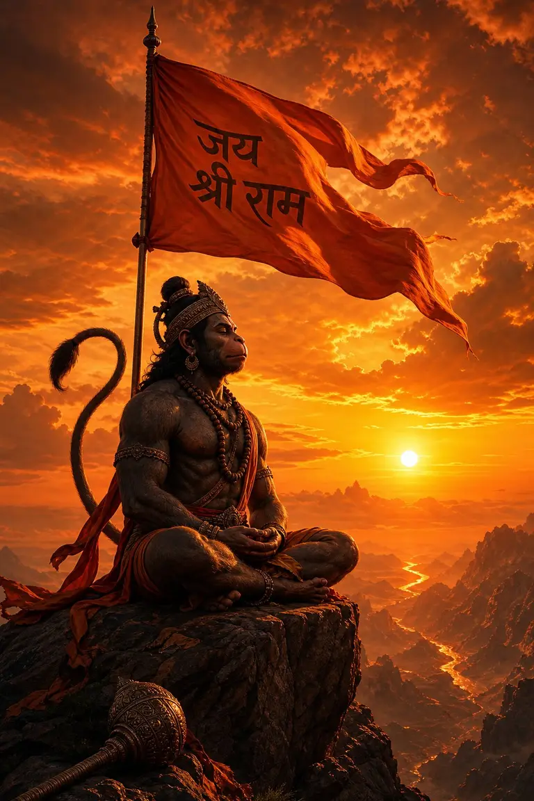Majestic Lord Hanuman Meditating Mountain Cliff Sunset Saffron Flag Pin