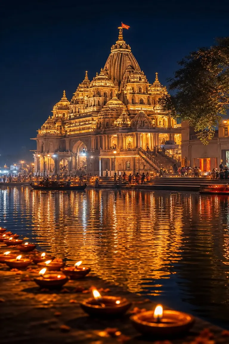Cinematic Night View Illuminated Ayodhya Ram Mandir Glowing Diyas River