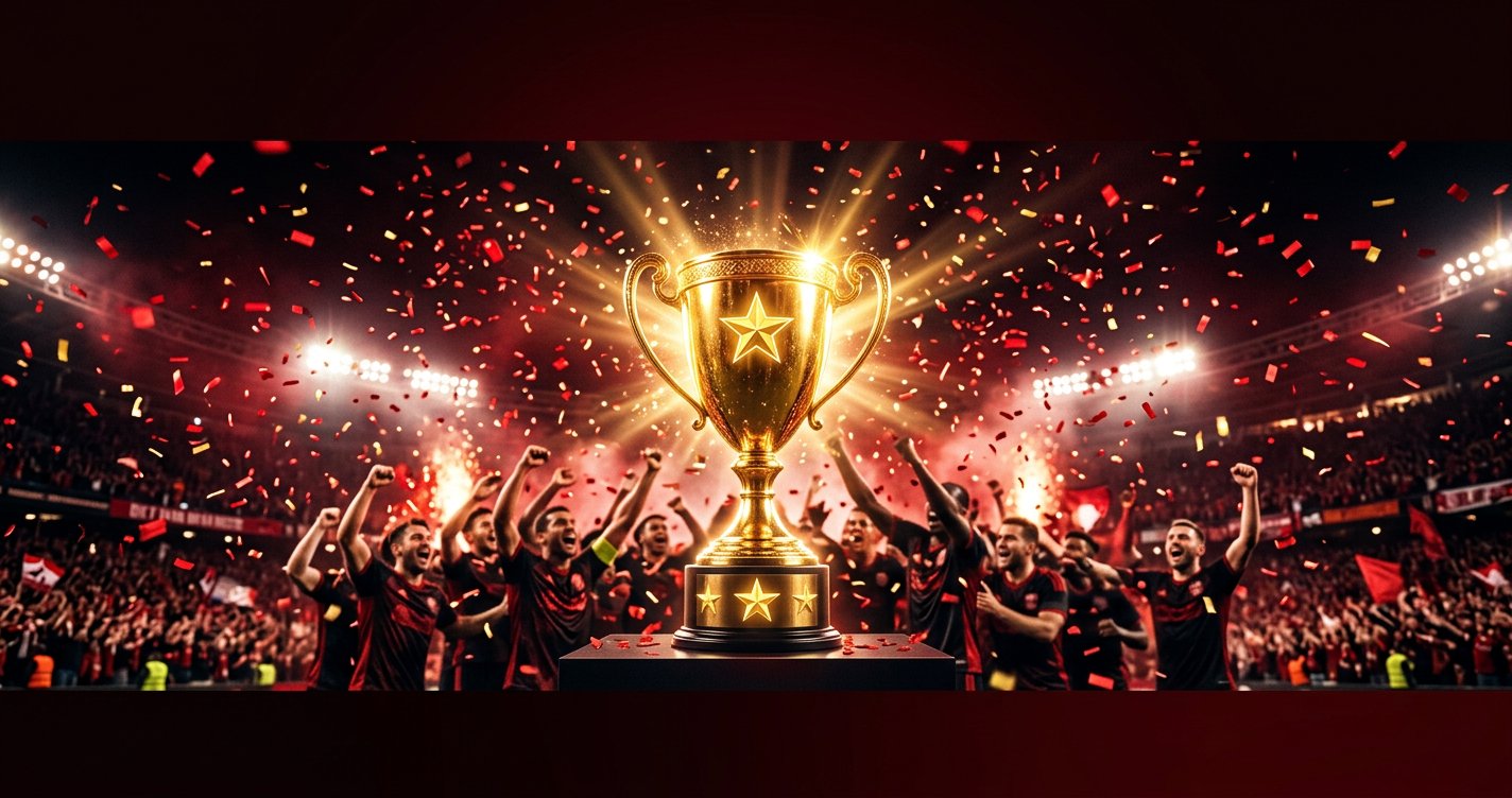 Golden IPL 2026 champions trophy glowing under stadium lights with red confetti symbolising RCB back-to-back titles