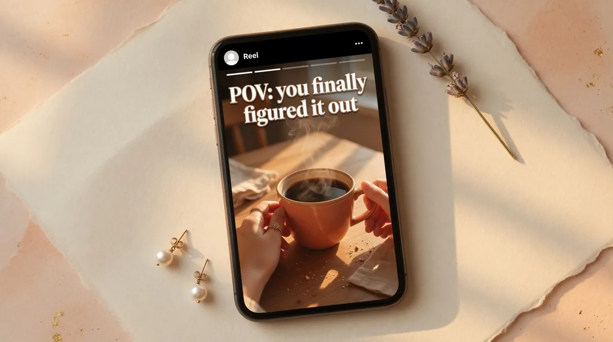 Phone mockup showing cinematic POV style Reel scene of hands holding coffee mug at golden hour table with bold text overlay POV you finally figured it out in white serif font