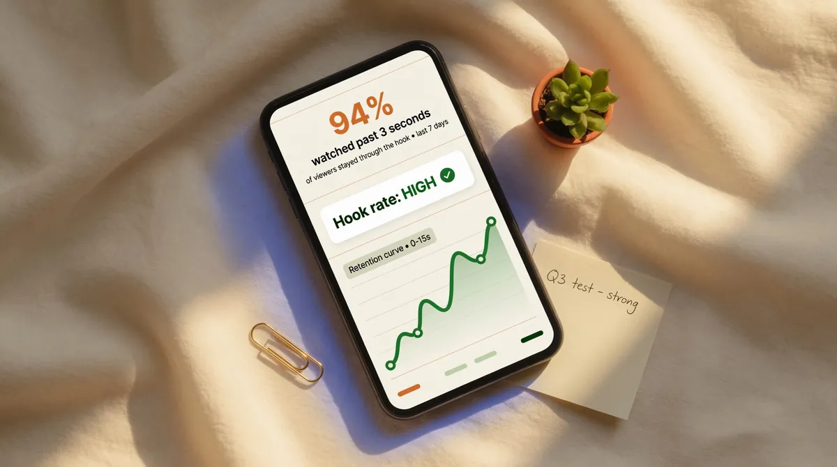 Phone mockup on warm cream linen showing Reel insights screen with key stat 94 percent watched past 3 seconds and green upward retention line graph in golden window light
