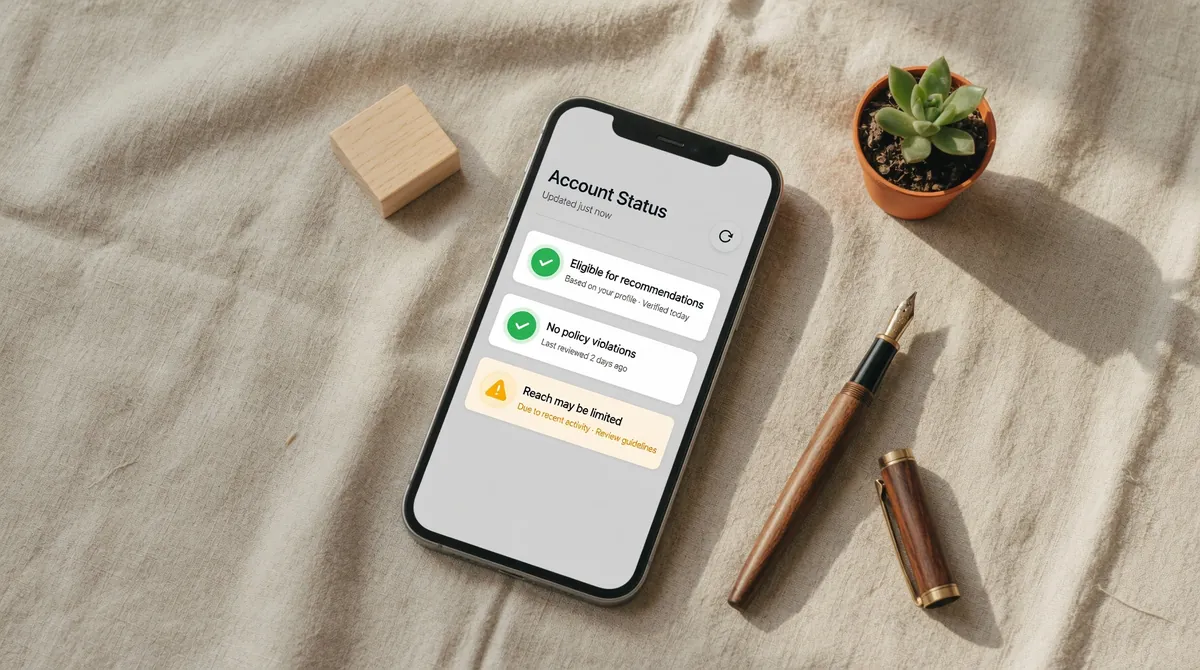Phone mockup on textured beige linen background showing Instagram Account Status interface with two green checkmarks for recommendations and policy violations plus one yellow warning for reach may be limited