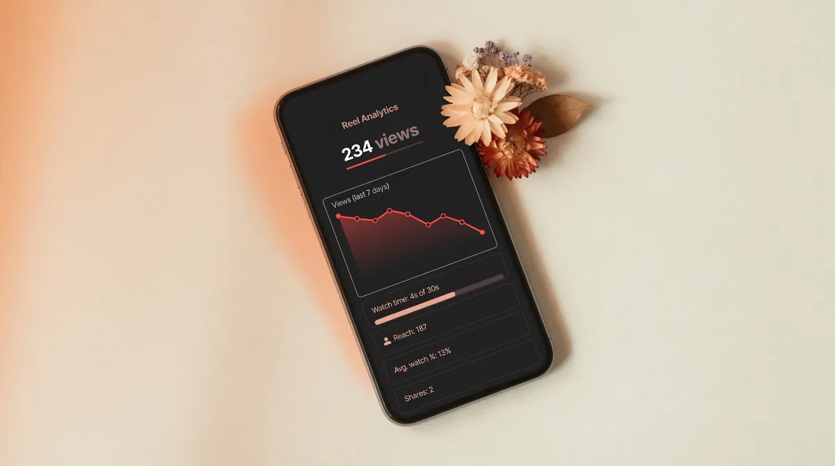Phone mockup on cream paper background showing Instagram Reels analytics with low 234 views count downward red trend graph watch time 4 seconds of 30 and reach 187 statistics