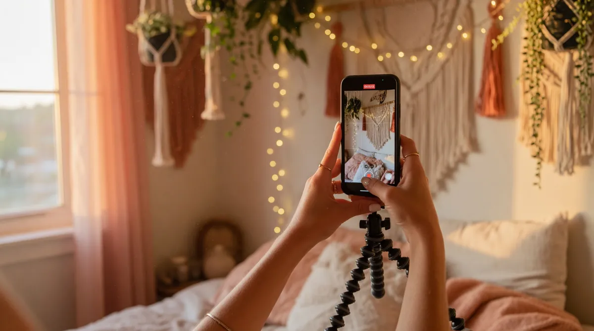 Hands of content creator holding smartphone vertically on small tripod filming Instagram Reel at golden hour with soft warm sunlight streaming through window plants and bohemian wall decor in background
