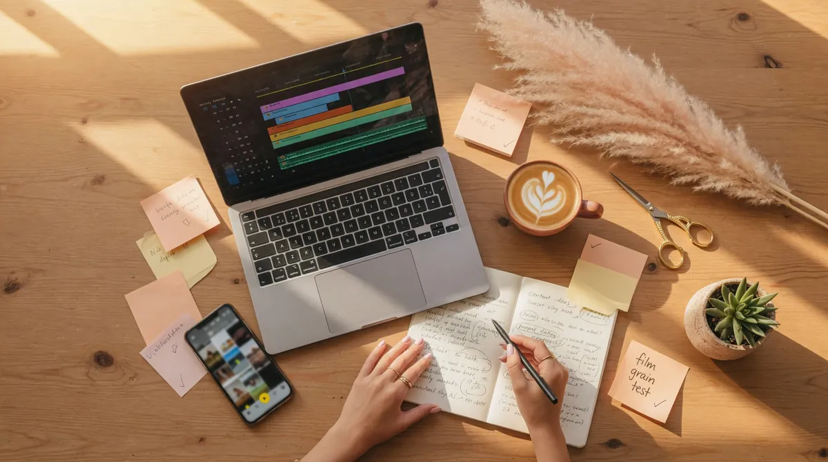 Top-down aesthetic creator workspace showing open laptop with video editing timeline smartphone hands holding notebook with content ideas coffee cup dried pampas grass sticky notes in warm golden hour light