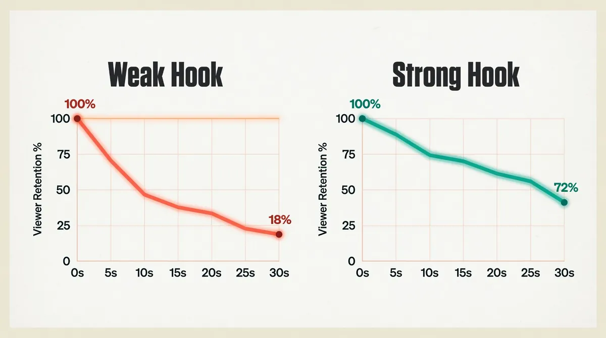 Side-by-side data infographic comparing two viewer retention curves over 30 seconds Weak Hook drops from 100 percent to 18 percent in red Strong Hook holds at 72 percent in green