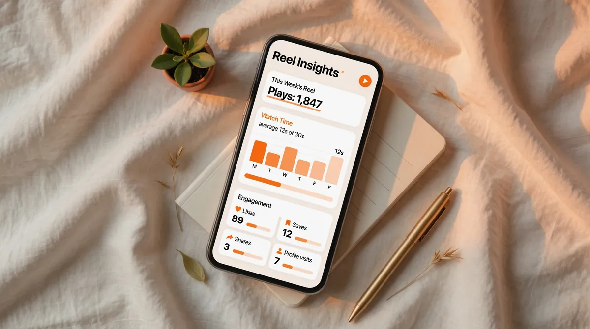 Phone mockup on warm cream linen surface in golden window light showing Reel Insights screen with Plays 1847 watch time bar chart and engagement stats likes saves shares profile visits