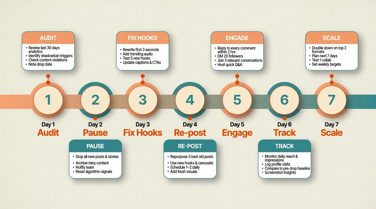 Horizontal infographic timeline showing 7-day Instagram Reels recovery roadmap with numbered milestones Audit Pause Fix Hooks Re-post Engage Track Scale connected by orange to teal gradient line with callout boxes