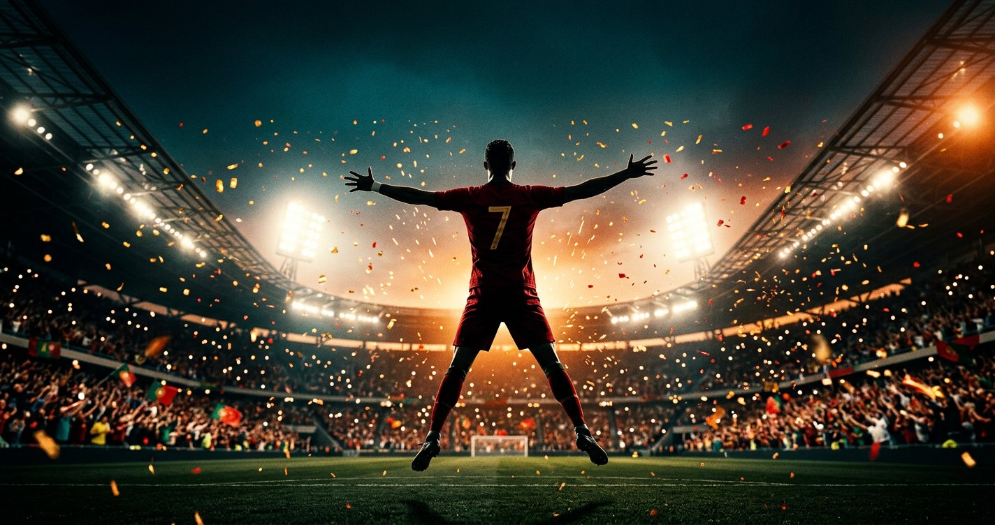 Cristiano Ronaldo CR7 Instagram captions hero — number 7 jersey celebration under stadium floodlights 2026