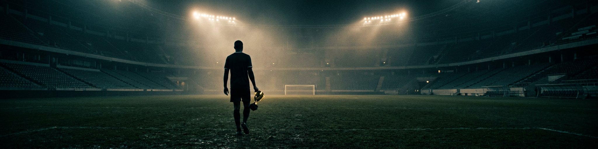 Footballer holding trophy on empty floodlit pitch at night Portugal legacy World Cup 2026